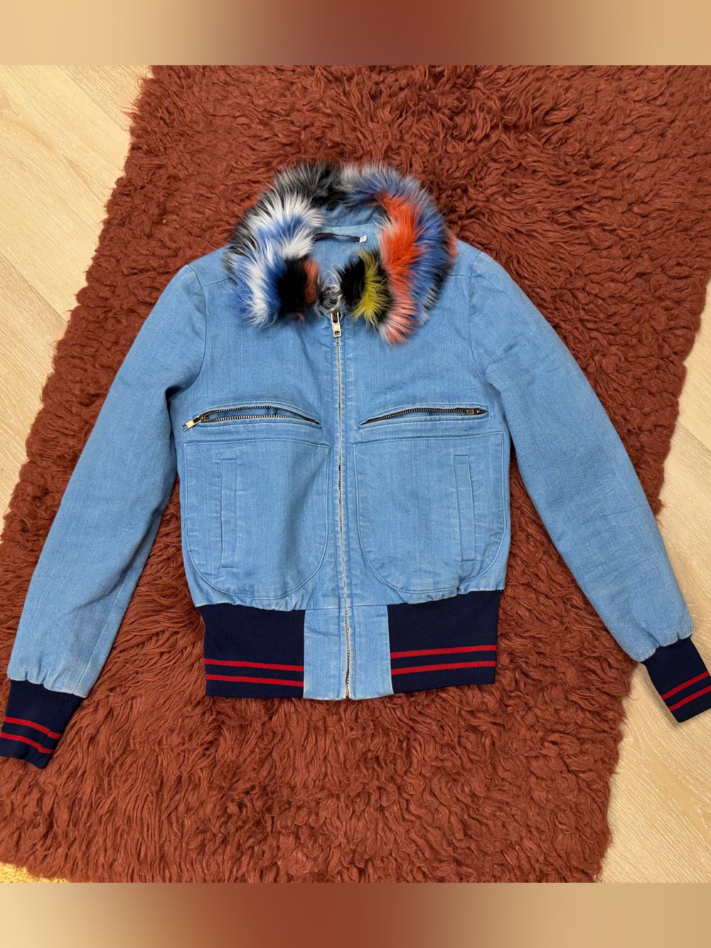 Harvey Faircloth designer denim bomber Jean jacket faux fur collar size XS - Picture 11 of 16